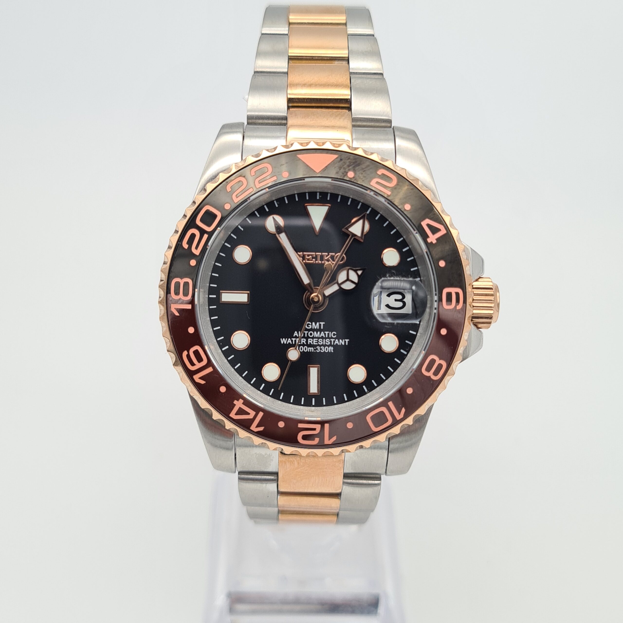 Seiko Mod GMT Diver Watch Gold Red Black Rootbeer Bezel NH34 Automatic Divers Watch